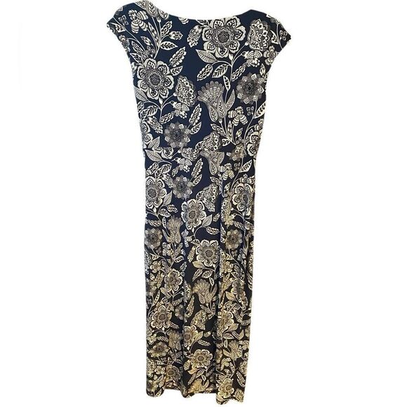 Coldwater Creek Sz 6 Navy Blue Floral Ruching Front Side Slit Maxi Dress - Picture 2 of 9